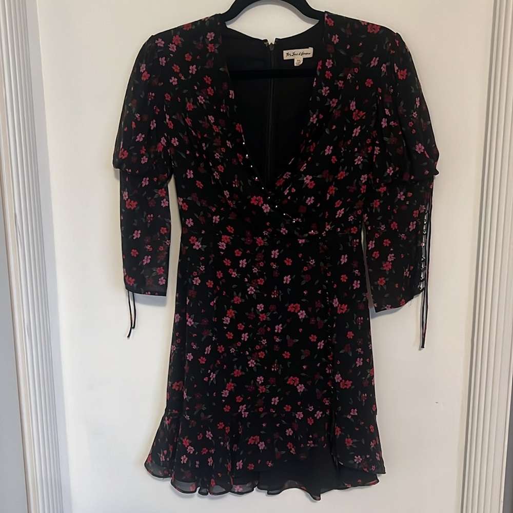 For love and lemons black mini dress with pink and red flowers size XS